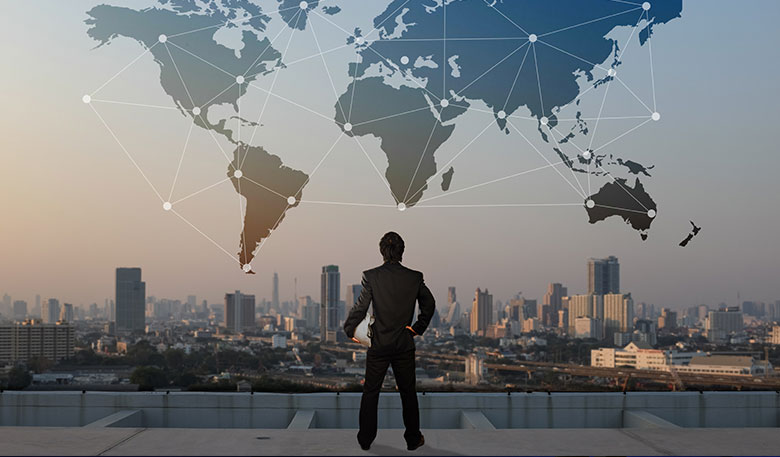 Conceptual Graphic of Man Overlooking City and World Map
